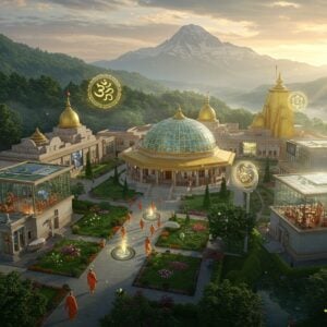 A serene aerial view of a modern glass-and-stone Chinmaya Mission ashram complex nestled in lush green Himalayan foothills, with sacred Mount Kailash visible in the background. The ashram architecture blends contemporary design with traditional Indian elements, featuring golden spires and geometric mandala patterns. A large meditation hall with glass dome reflects the setting sun, creating a ethereal glow. Young students in modern clothing alongside monks in orange robes walk through landscaped gardens with blooming lotus ponds. Multiple teaching spaces visible through glass walls show meditation sessions and vedanta classes in progress. Floating translucent sacred symbols - Om, Swastika, and the Chinmaya Mission logo animate the scene with subtle golden light. The atmosphere is misty with soft rays of sunlight creating light beams through the trees. Digital displays and solar panels seamlessly integrate with traditional temple architecture, symbolizing the fusion of ancient wisdom with modern technology. The color palette focuses on peaceful saffron, white, and gold tones with hints of emerald green from the surrounding nature. Hyperrealistic digital art style with magical realism elements.