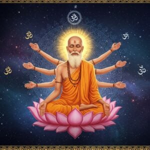 A serene Indian sage with a radiant aura, seated in padmasana on a lotus floating in cosmic space. The sage's face reflects deep wisdom and peace, with eyes half-closed in meditation. Multiple translucent golden layers representing consciousness emanate from his form. The background features an intricate Mandala pattern in deep indigo and gold, with sacred geometric patterns merging into cosmic swirls. Floating Sanskrit symbols dissolve into pure light. The scene is illuminated by ethereal blue-white light, creating a mystical atmosphere. Traditional Madhubani-style borders frame the scene, featuring interconnected patterns of lotuses and peacocks in gold and deep maroon. The sage is dressed in traditional saffron robes with subtle patterns, adorned with rudraksha beads. Multiple transparent versions of the sage merge into one, symbolizing the non-dual nature of reality. Spiritual symbols like Om and the crescent moon float gracefully in the background. The art style combines hyperrealistic digital rendering with traditional Indian artistic elements, creating a modern yet timeless aesthetic. Soft particle effects and light rays add to the divine atmosphere.