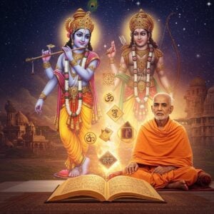 A serene and luminous portrait of Swami Chinmayananda in his signature orange robes, seated in padmasana on a contemporary minimalist platform, against a cosmic backdrop featuring the ethereal forms of Krishna and Arjuna from Kurukshetra. Krishna has four arms, holding the Sudarshana chakra, conch, lotus, and flute, while Arjuna stands in a warrior pose with his Gandiva bow. The scene is overlaid with intricate Madhubani-style patterns in gold and deep blue. Multiple translucent layers show modern city silhouettes transitioning into ancient temples, symbolizing the bridge between traditional wisdom and contemporary life. Floating geometric mandalas and sacred Sanskrit symbols emerge from an open Bhagavad Gita book in front of Swamiji, rendered in a modern digital art style with soft gradient lighting. The color palette combines deep saffron, celestial blue, and metallic gold with ethereal pastels. Rays of divine light illuminate the scene, creating a mystical atmosphere. The art style combines hyperrealistic elements with spiritual surrealism, featuring detailed textures and a sophisticated modern aesthetic. 8k resolution, cinematic lighting, photorealistic details.