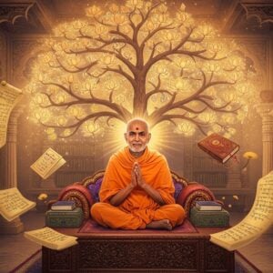A serene portrait of Swami Chinmayananda in his signature orange robes, seated in padmasana on an intricately carved wooden desk, surrounded by floating, illuminated books with golden spines. His hands are gracefully positioned in chin mudra, and his face bears a gentle, knowing smile. Behind him, a large, ethereal Madhubani-style tree of knowledge spreads its branches, each branch ending in glowing lotus flowers that emit soft blue and gold light. Sacred Sanskrit texts float as translucent scrolls around him, creating a spiral pattern. The scene is set in a mystical library with traditional Indian architectural elements, featuring carved pillars with peacock motifs. Soft rays of morning light filter through ornate jharokha windows, creating a divine atmosphere. The color palette combines deep saffron, peaceful blues, and warm golds. Digital art style merging hyperrealistic portraiture with traditional Indian art elements, emphasizing both spirituality and scholastic essence. The background features subtle mandalas and Vedantic symbols in a modern minimalist style.