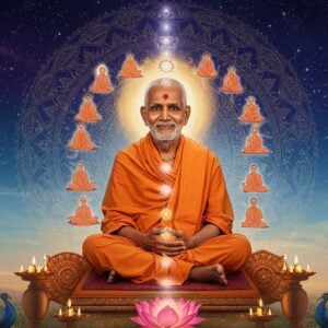 A serene portrait of Swami Chinmayananda in his signature orange robes, seated in padmasana on a lotus platform, emerging from a cosmic mandala background with intricate Vedic patterns in gold. His face radiates divine peace with a gentle smile, surrounded by an ethereal aura of soft blue and white light. Multiple translucent layers show meditation techniques - the first layer depicts a subtle outline of the spine with seven glowing chakras, the second layer shows peaceful meditators in various mudras. The composition includes floating lotus flowers, subtle Om symbols, and spiraling golden energy streams. The background transitions from deep indigo at the top to soft morning sky blues below. Swami's hands are positioned in chin mudra. Traditional Madhubani-style border patterns frame the scene, with peacock motifs and geometric designs in gold and saffron. Modern digital art style with photorealistic details, volumetric lighting, and depth of field effects. The overall mood is peaceful, inspiring, and transcendental.