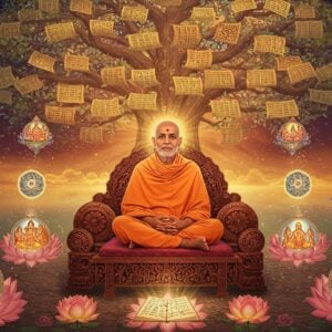 A serene portrait of Swami Chinmayananda in his signature orange robes, seated in padmasana on an intricately carved wooden platform, surrounded by ethereal golden light. Behind him, a massive tree of knowledge with Sanskrit verses flowing like luminous streams through its branches. The tree's leaves are made of translucent sacred texts that glow with inner light. In the foreground, multiple levels of reality depicted through floating geometric mandalas, each containing scenes from the Upanishads rendered in traditional Madhubani style but with modern digital gradients. Mystical symbols and sacred geometry patterns float in the space, with soft particles of light creating a dreamlike atmosphere. The color palette transitions from deep maroons and saffrons near the base to ethereal blues and golds in the upper portion. Multiple lotus flowers in various stages of bloom float around him, each containing reflecting pools showing different aspects of Vedantic philosophy. Photorealistic rendering with spiritual overtones, lens flares, and volumetric lighting. The overall composition suggests depth, wisdom and transcendence while maintaining a contemporary aesthetic appeal.