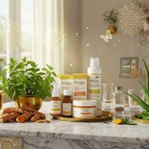 A serene modern Indian kitchen scene with a minimalist marble countertop featuring an elegant arrangement of Patanjali products in sleek, eco-friendly packaging. The products are surrounded by fresh organic ingredients - vibrant turmeric roots, holy basil leaves, neem branches, and pristine aloe vera plants. Soft golden morning light streams through a window, creating a gentle glow around the products. A traditional brass mortar and pestle sits nearby, alongside modern glass containers. In the background, a sophisticated digital display panel shows health metrics and product information. The scene incorporates subtle Madhubani-style border patterns in muted gold and peacock blue. Floating translucent mandalas hover above the products, emitting a subtle ethereal glow. A few butterflies made of sacred geometry patterns flutter nearby. The color palette consists of clean whites, warm golds, deep greens, and earthy browns. The lighting is soft and natural, with gentle lens flares. Photorealistic rendering with magical realism elements, 8k resolution, intricate details, depth of field.