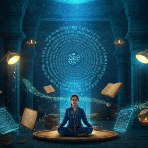 A mystical library setting with ancient stone pillars carved with Sanskrit, Tamil, and Pali scripts elegantly intertwining with modern digital holograms in vibrant blue and gold. A young Indian woman in a contemporary fusion outfit (navy blue blazer with traditional Madhubani-style embroidery) sits cross-legged on a floating lotus platform, surrounded by swirling, luminescent manuscripts and scrolls. Ancient palm leaves seamlessly transform into sleek tablets displaying classical texts. The background features a massive mandala pattern composed of classical language characters that emit a soft, ethereal glow. Traditional oil lamps float alongside modern study lamps, creating a harmonious blend of old and new. The scene is illuminated with warm golden light from above, while cool blue light emanates from the digital elements. Intricate Pattachitra-style borders frame the scene, featuring peacocks and lotus motifs. The atmosphere is dreamlike and surreal, with floating particles of light resembling both stars and digital pixels. The color palette includes deep indigo, burnished gold, copper, and celestial blue, masterfully blended in modern digital art style with traditional Indian art elements.