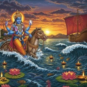 A majestic scene of Varuna, the Hindu god of oceans, emerging from turbulent waters, with four arms holding a golden noose, lotus, conch shell, and trident. He rides his celestial mount Makara (half-crocodile, half-fish) amid crashing waves. His skin is crystal blue, wearing royal blue and gold ornate garments with intricate maritime motifs. In the background, a traditional wooden Indian sailing vessel with red and saffron sails adorned with mandala patterns navigates through the mystical waters. The shoreline features an ancient coastal temple with Dravidian architecture in white and gold. Multiple oil lamps float on lotus leaves in the foreground, creating golden reflections on the water. The sky shows a dramatic sunset with deep oranges and purples, with stylized clouds in Madhubani art style. Ethereal light emanates from Varuna's crown chakra, illuminating the scene. Detailed fish, dolphins, and sea creatures in traditional Pattachitra style swim in swirling patterns around the composition. The overall atmosphere is mystical and divine, with a color palette of deep ocean blues, gold, turquoise, and coral.