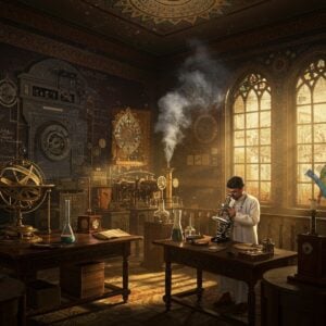 A grand, ornate Victorian-era laboratory seamlessly merging with traditional Indian architecture, featuring intricate Madhubani-style borders. In the center, an Indian scientist in dhoti and British-style coat examines specimens through a brass microscope on a carved wooden table. Behind him, a massive wall divided in two - one side showing ancient Indian astronomical instruments like brass armillary spheres and sundials, the other displaying British-era steam engines and telegraph equipment. Golden light streams through Gothic-style windows with Indian peacock motifs. The scene is rich in deep maroons, colonial browns, and metallic golds. Floating ethereal mandalas overlap with technical drawings and mathematical equations. British railway blueprints transition into traditional Indian architectural designs. The atmosphere is mystical yet scientific, with smoke from steam engines forming spiritual patterns. The lighting creates dramatic shadows, highlighting both the colonial influence and Indian heritage. Style combines hyperrealistic steampunk elements with traditional Indian art patterns, photorealistic textures, cinematic lighting, detailed metalwork, 8k resolution.