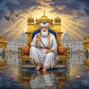 A serene portrait of Guru Ram Das Ji sitting on an ornate golden throne in the center of the Harmandir Sahib (Golden Temple), wearing pristine white robes with intricate golden embroidery. His face radiates divine peace and compassion, with a long flowing white beard and a regal turban adorned with a decorative kalgi. The scene shows the reflection of the temple in the sacred sarovar, creating perfect symmetry. Surrounding him are four illuminated corners representing the four doors of the Golden Temple, symbolizing openness to all. The background features ethereal rays of golden light breaking through monsoon clouds, while delicate lotus flowers float in the sarovar. Traditional Sikh motifs and patterns blend with modern digital art elements, creating a dreamy atmosphere. The color palette combines deep royal blues, pure whites, and rich golds. Around the temple, subtle visualizations of his contributions appear: architectural plans of Amritsar, musicians playing kirtan, and people engaged in seva. The art style merges photorealistic details with spiritual symbolism, incorporating both traditional Sikh art elements and contemporary digital techniques. The lighting emphasizes the golden hour glow, creating a divine atmosphere.