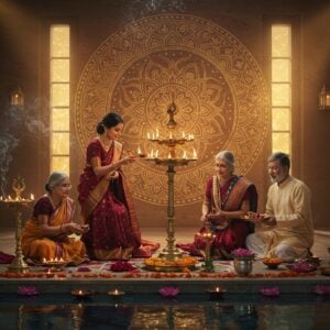 A serene Indian family performing traditional Hindu rituals in a contemporary minimalist temple setting, illuminated by warm golden light streaming through modern geometric windows. In the foreground, a young woman in a silk burgundy saree performs aarti with an ornate brass lamp with five flames, creating mesmerizing light patterns. Behind her, an elderly grandmother in a peacock blue saree teaches her grandchild to ring a traditional brass bell. To the right, a man in crisp white kurta offers fresh marigold flowers and lotus blooms on a silver thali. The scene includes modern interpretations of traditional elements: a sleek marble altar adorned with fresh flowers, geometric rangoli patterns in vibrant colors, and floating diyas on a reflective pool. The background features a large, intricate mandala design in metallic gold and deep saffron, incorporating modern geometric patterns with traditional Sanskrit symbols. Soft tendrils of sandalwood incense create ethereal swirls in the air. The color palette combines deep traditional colors (maroon, saffron, gold) with contemporary pastel accents. The scene seamlessly blends Madhubani-style decorative elements with modern architectural features, illuminated by both traditional oil lamps and subtle modern lighting. A crystal clear ultra HD digital art style with photorealistic details and soft atmospheric lighting.