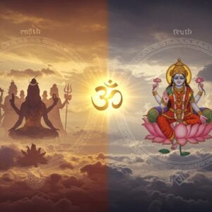 A serene, ethereal composition featuring two interconnected circular realms - one representing myths and one representing truth. In the center, a radiant Om symbol in golden light bridges both realms. The myth realm shows hazy, distorted silhouettes of multiple deities merged into one figure, while the truth realm shows clear, distinct forms of major Hindu deities in their authentic forms - Lord Shiva in meditation with crescent moon, Lord Vishnu reclining on Shesha with four hands holding conch, discus, mace and lotus, and Goddess Lakshmi seated on lotus. Traditional Madhubani-style patterns and motifs in deep maroon and saffron flow throughout. Floating lotus flowers and mandalas in soft pastel blues and pinks add depth. Sacred geometry patterns emerge from shadows. The lighting is dramatic with divine rays streaming through clouds, creating a mystical atmosphere. The art style seamlessly blends traditional Indian art with modern digital painting techniques. The overall mood is one of revelation and spiritual wisdom.