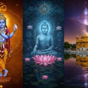 A grand, ethereal triptych composition showing three distinct yet interconnected scenes - Left panel shows Lord Krishna in celestial blue with four arms holding flute, chakra, conch and lotus against a glowing golden Om symbol backdrop with intricate Madhubani patterns. Center panel depicts Buddha in meditation pose under the Bodhi tree with a dharma wheel floating above, surrounded by soft pink lotus flowers and radiating peaceful blue light. Right panel showcases the Golden Temple of Amritsar reflecting in still waters under a cosmic sky with the Khanda symbol shimmering above. The three scenes are connected by flowing ribbons of sacred geometry and mandala patterns in deep saffron, maroon and peacock blue. Floating spiritual symbols like lotus, swastika, endless knot weave through the composition. Art style combines traditional Indian miniature painting techniques with modern digital art aesthetics, featuring rich jewel tones, intricate details, and a luminous ethereal quality. The overall scene has a surreal, dreamlike atmosphere with glowing halos and floating light particles.