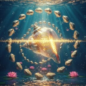 A majestic, pearlescent conch shell floating in the center of a mystical space, emanating golden soundwaves that transform into intricate Sanskrit patterns. The shell glows with an inner divine light, with Lord Vishnu's symbols subtly etched on its surface. Around it, multiple smaller conch shells in various poses spiral outward, creating a mandala-like formation. The background features a blend of deep ocean blues and spiritual purples, with gentle swirls of luminescent particles resembling underwater currents. Delicate lotus flowers in soft pink and white float ethereally around the main shell. The scene is enhanced with subtle Madhubani-style border patterns in gold and saffron. Translucent light beams pierce through the scene like sun rays underwater, creating a magical atmosphere. Small bubbles rise up with a golden shimmer, while subtle Hindu symbols like Om and swastikas appear as watermarks in the background. The lighting is dramatic yet serene, with emphasis on the metallic and pearl-like qualities of the shells. Photorealistic rendering with mystical elements, presented in a modern digital art style with high attention to detail and texture.