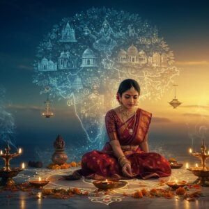 A serene ethereal scene depicting a young Indian woman in a contemporary silk saree performing a traditional ritual, connecting past and present. She's seated on an ornate marble floor with intricate Kolam patterns that glow with a subtle golden light. Behind her, a magical translucent tree of life emerges, its branches forming the shape of India's map. The tree's leaves are transformed into various cultural symbols - classical dance mudras, temple architecture, pottery, and traditional musical instruments. Floating mandalas and sacred geometry patterns in deep indigo and gold surround the scene. The foreground features brass diyas with glowing flames, scattered marigold petals, and swirling incense smoke. A soft gradient background transitions from deep peacock blue to sunrise gold. The woman's expression is peaceful and enlightened, wearing traditional temple jewelry with a modern twist. The art style combines hyperrealistic digital rendering with traditional Madhubani patterns, featuring rich jewel tones of maroon, saffron, and turquoise. Dramatic volumetric lighting emphasizes the spiritual atmosphere.
