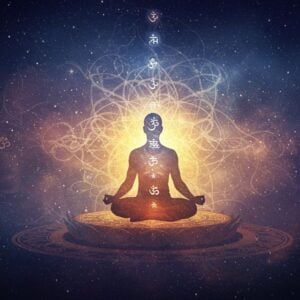 A serene, ethereal scene depicting a figure in deep meditation, seated in padmasana on a softly glowing lotus platform floating in infinite cosmic space. The background transitions from deep indigo to golden light, filled with intricate sacred geometry patterns and Madhubani-style mandalas. Swirling energy tendrils in shades of white and gold emanate from the meditator, dissolving into formless abstract shapes, symbolizing the transcendence from saguna to nirguna. The figure is rendered in a contemporary artistic style, wearing modern meditation clothing in soft earth tones. Multiple translucent layers of consciousness are illustrated through overlapping silhouettes of the same figure, each becoming progressively more transparent. Floating sacred symbols like Om and geometric yantras appear to be dissolving into pure light. The lighting is dramatic with a central golden glow surrounded by soft blues and purples, creating a mystical atmosphere. The art style combines digital painting techniques with traditional Indian Pattachitra patterns in the details. The overall composition suggests both grounding and transcendence, with elements of both form and formlessness carefully balanced.