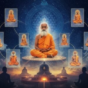 A serene portrait of Sadhguru in pristine white robes, seated in padmasana on a metaphysical digital platform floating in ethereal space, his form emanating a soft golden aura. Multiple translucent lotus-shaped portals spiral around him, each showing glimpses of different Isha yoga practices. The background features a massive, intricately detailed Sri Yantra mandala in deep blue and gold, pulsing with subtle energy. Digital light particles and sacred geometry patterns flow between the portals. Below, a stylized representation of Dhyanalinga temple appears with gentle smoke and light effects. The scene combines Madhubani-style decorative elements with modern digital art aesthetics, using a color palette of deep indigo, saffron, celestial blue, and metallic gold. Surrounding the composition are ethereal silhouettes of people in meditation, connected by threads of light to Sadhguru's central figure. The lighting creates a mystical atmosphere with soft volumetric rays and glowing orbs, suggesting spiritual transformation and inner awakening.
