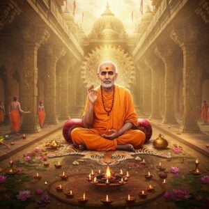 An ethereal scene depicting Swami Samarth in his iconic posture, seated cross-legged on a tiger skin, wearing saffron robes with ash-smeared body, his right hand raised in blessing mudra, surrounded by a glowing golden mandala halo. The background features a magnificent temple architecture with intricate Maratha-style carved pillars and domes, merging into mystical pathways leading to multiple sacred spaces. Floating lotuses and diyas create spiritual pathways in the foreground. The scene is illuminated by warm, divine light streaming through temple windows, creating dramatic shadows. Small groups of devotees in traditional Maharashtra attire are shown approaching different temple entrances. The color palette includes deep saffron, spiritual gold, earthy browns, and celestial blues. The art style combines hyperrealistic digital rendering with traditional Maharashtrian temple art patterns, featuring detailed architectural elements and spiritual symbolism. Soft rays of light and subtle smoke from incense create a mystical atmosphere. The overall composition suggests a journey through sacred spaces, with Swami Samarth as the central divine presence.