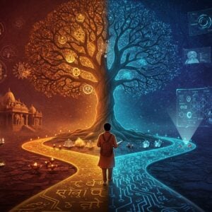 A young Indian student in modern attire standing at the intersection of two paths - one path crafted from ancient Indian manuscripts and temple architecture leading to a traditional gurukul, the other path made of glowing digital circuits leading to a futuristic learning space with holographic displays. The student holds a tablet in one hand and a traditional palm leaf manuscript in the other. Behind them, a large tree of knowledge grows, its branches morphing from carved wooden patterns into digital neural networks. Floating around are ethereal, translucent sacred geometry patterns in gold and deep blue, interweaving with modern UI elements and data visualizations. The scene is illuminated by both warm temple diyas and cool LED lights. In the background, a massive mandala transitions from traditional Madhubani patterns at its center to modern technological elements at its edges. The color palette combines deep maroons and saffrons with electric blues and teals. The art style should be highly detailed digital art with a mix of traditional Indian art motifs and contemporary tech-aesthetic elements, rendered in a dreamy, atmospheric quality with soft glowing highlights.