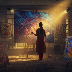 A dynamic studio scene featuring an Indian female artist in contemporary fusion attire (flowing kurti with modern cuts) standing before a large canvas, her silhouette illuminated by warm golden light streaming through large windows. On the canvas, a mesmerizing blend of traditional Madhubani patterns morphs into abstract modern art, with vibrant peacock blues, deep maroons, and metallic gold colors flowing seamlessly. Around her, multiple floating canvases showcase different styles: one with digital-age Pattachitra warriors, another with minimalist Ganesha in neon colors, and a third with contemporary urban scenes in traditional miniature painting style. The space features both traditional brass lamps and modern gallery lighting. Traditional mandala patterns on the floor gradually transform into contemporary geometric designs. In the background, translucent layers show glimpses of other artists working on tablets and traditional easels. The scene combines hyperrealistic rendering with magical realism, enhanced by floating paint particles that shimmer like stardust. The lighting should be dramatic yet ethereal, with selective spotlight effects highlighting the fusion of traditional and modern elements.