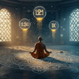 A serene Indian meditation hall with a young Indian tech guru in modern clothing sitting cross-legged on a geometric mandala pattern made of interconnected circles and triangles. The pattern subtly transforms from traditional Indian rangoli designs into binary code (1s and 0s) at the edges. Floating above are three ethereal, translucent spheres - one containing a glowing decimal number, one with binary lights, and one with hexadecimal symbols - all connected by streams of golden light. The background features a modern minimalist wall with Madhubani-style peacock motifs in deep blue and gold. Soft light filters through ornate jali windows, creating patterns that resemble circuit boards. The scene is bathed in a peaceful, blue-gold gradient light with digital particles floating in the air. Photorealistic render with spiritual undertones, combining modern tech aesthetics with traditional Indian art elements. The composition should be symmetrical and centering, creating a sense of balance and harmony.