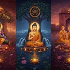 A grand, ethereal triptych composition showing three distinct yet interconnected scenes: On the left, Lord Krishna in deep blue hue seated beneath a sacred banyan tree teaching the Bhagavad Gita, surrounded by golden Sanskrit symbols and floating lotus petals. In the center, Gautama Buddha in meditation under the Bodhi tree, emanating serene light waves, with the Dharma wheel floating above. On the right, Guru Nanak Dev Ji seated with his disciples by a flowing river, with the Khanda symbol glowing softly in the background. All three scenes are connected by a flowing river of golden light and intricate mandala patterns. The art style combines traditional Indian miniature painting techniques with modern digital aesthetics, featuring rich jewel tones of deep maroon, royal blue, and saffron gold. Sacred geometric patterns and flowing spiritual energy connect all three sections. Soft glowing orbs of light float throughout the scene, while delicate lotus flowers bloom at the base. The background features a gradient from deep indigo to dawn pink, suggesting spiritual awakening. The overall composition should be highly detailed with weathered temple architecture elements, creating a sense of timeless wisdom and spiritual heritage.
