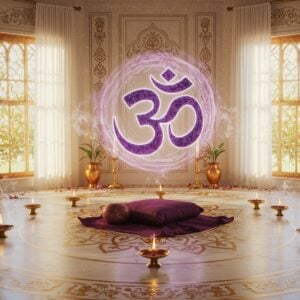An ethereal meditation room bathed in soft golden light, featuring a large, intricately designed 3D Om symbol floating in the center, emanating gentle white and purple energy ripples. The room has white marble floors with mandala patterns inlaid in gold. Traditional brass diyas with floating lotus flowers line the perimeter, their flames creating dancing shadows. Sheer white curtains billow gently from carved wooden windows. A plush meditation cushion in deep purple silk sits beneath the floating Om. Wisps of sandalwood incense create delicate swirls in the air, catching the light. The walls feature subtle Madhubani-style artwork in muted gold and ivory. Crystal clusters in the corners reflect rainbow light. Two peace lilies in copper vessels frame the scene. The overall atmosphere combines modern minimalism with traditional Indian spiritual elements, rendered in a dreamy, photorealistic style with soft depth of field and volumetric lighting.