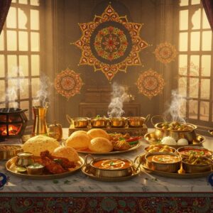 A richly detailed traditional Indian kitchen scene with warm golden light streaming through ornate windows, illuminating an elaborate spread of Northwest Indian dishes on brass thalis. In the center, a marble counter displays perfectly arranged Amritsari kulchas, butter chicken, and Dal Makhani in handcrafted copper vessels. Floating mandala patterns made of traditional spices like saffron, cardamom, and cinnamon create an ethereal layer above the food. The foreground features intricate Madhubani-style border patterns incorporating peacocks and lotus motifs in deep maroon and peacock blue. Steam rises mystically from the dishes, transforming into delicate, glowing geometric patterns. The scene includes traditional cooking elements like a tandoor emanating orange embers, brass spice boxes (masala dabba), and silk curtains in royal purple and gold. The lighting is warm and inviting, with soft highlights on the brass utensils and a subtle ethereal glow around the entire composition. The art style combines hyperrealistic food photography with mystical Indian traditional art elements, creating a surreal yet appetizing atmosphere.