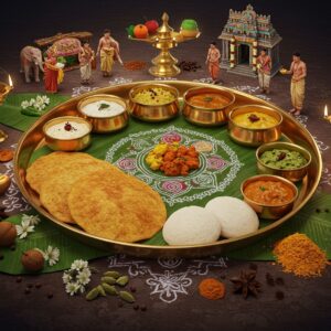 A grand traditional brass thali floating in ethereal light, adorned with authentic South Indian dishes - golden crispy dosas, fluffy white idlis, vibrant orange sambar in bronze bowls, emerald green coconut chutneys, and colorful temple prasadam arranged in a perfect mandala pattern. The thali is surrounded by intricate Kolam patterns made of rice flour that glow with a subtle blue aura. Fresh banana leaves frame the scene, with delicate jasmine flowers and turmeric-stained temple bells scattered artistically. Floating above are miniature scenes of harvest festivals - women in Kanjeevaram sarees carrying pongal pots, temple elephants decorated with flowers, and priests performing food offerings. The scene is illuminated by traditional brass oil lamps creating a warm golden glow, with wafting incense smoke adding a mystical atmosphere. Spices like cardamom, cinnamon, and curry leaves create a decorative border in Madhubani art style. The entire composition has a dreamy, surreal quality with deep jewel tones of maroon, forest green, and mustard yellow, blended with modern digital art techniques. Hyperrealistic food details with stylized traditional elements.