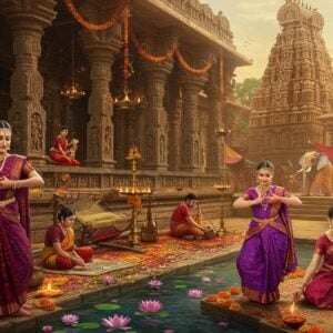 A vibrant panoramic scene of an Indian cultural festival, featuring a majestic ancient temple architecture in golden hour lighting with intricate Dravidian-style carved pillars. In the foreground, three generations of Indian women in rich silk sarees (burgundy, peacock blue, and deep purple) perform traditional Bharatanatyam dance poses with mudras. The middle ground shows artisans at work - one creating detailed Madhubani art on handmade paper, another weaving a colorful Banarasi silk. The background reveals a bustling traditional market with hanging brass lamps, floating marigold garlands, and scattered rose petals. Soft glowing diyas cast warm light across the scene. The composition includes cultural elements like a decorated elephant with traditional jhool, floating lotus flowers in a temple pond, and spiral incense smoke creating ethereal patterns. The art style combines hyperrealistic details with dreamy, ethereal lighting and rich, deep colors inspired by Rajasthani miniature paintings. The scene should have depth, dimension, and a magical quality with golden particles floating in the air.