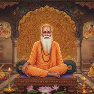A serene portrait of Dadu Dayal as a wise elderly saint with flowing white beard, wearing simple white cotton dhoti and angavastram, seated in padmasana on a carved wooden platform. His eyes radiate compassion and wisdom. Behind him, a large intricate mandala in gold and saffron patterns merges with scenes from his life - showcasing him teaching disciples, helping the poor, and writing poetry. The background features traditional Rajasthani architecture with ornate marble arches and pillars. Soft glowing orbs of light float around him, while lotus flowers in pastel pink and white bloom at his feet. The scene is rendered in a fusion of Rajasthani miniature painting style and modern digital art, with rich jewel tones of deep maroon, royal blue, and burnished gold. Ethereal rays of golden light filter through the arches, creating a mystical atmosphere. Small details include sacred symbols, peacock feathers, and delicate geometric patterns inspired by Hindu and Bhakti movement aesthetics.