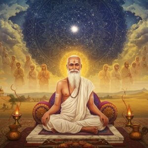 A serene elderly Indian saint with flowing white beard and simple white cotton clothes, seated in padmasana on an ornate marble platform, radiating divine golden light. Behind him, a large ethereal mandala in shades of deep indigo and gold pulses with spiritual energy. Multiple translucent silhouettes of devotees from different castes and backgrounds merge into the scene, symbolizing unity. The foreground features intricate Rajasthani-style geometric patterns in gold and saffron. Floating lotus flowers and sacred threads weave through the composition. The background shows a stylized medieval Indian landscape with distant temples and sand dunes in muted earthy tones. Soft rays of light filter through mystical clouds, creating a dreamlike atmosphere. The art style combines traditional Rajasthani miniature painting techniques with modern digital art aesthetics, featuring rich jewel tones and metallic accents. The overall scene emphasizes spiritual transcendence and universal brotherhood.