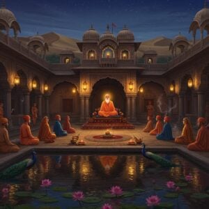 A serene night scene of an ancient stone ashram in Rajasthan with traditional Rajasthani architecture, illuminated by warm golden lanterns and moonlight. The central courtyard features a large meditation hall with intricate Rajasthani carved pillars and arches. A senior saint in saffron robes, resembling Dadu Dayal with his distinctive white beard and peaceful expression, sits in padmasana on a raised platform. Around him, devotees in traditional Rajasthani attire (men in white dhotis, women in colorful ghagras) meditate in concentric circles. Soft rays of divine light filter through the carved jharokhas. The background shows sand dunes with a starlit sky. In the foreground, a beautiful pond reflects the entire scene, surrounded by blooming lotus flowers. The art style combines Rajasthani miniature painting techniques with modern digital aesthetics, using rich colors like deep maroon, royal blue, and gold. Mystical smoke from incense creates ethereal patterns in the air, while peacocks roam in the courtyard. The overall composition should evoke a sense of timeless spirituality and peace.