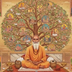 A serene portrait of Dadu Dayal as a middle-aged Indian saint with flowing white beard, wearing simple white cotton dhoti and angavastram, seated in padmasana on a traditional Rajasthani marble platform. Behind him, a large intricate tree of life in Madhubani style showcasing his spiritual lineage through symbolic branches, each adorned with miniature scenes from his life - cotton carding (representing his profession), teaching disciples, and performing bhajans. The background features a blend of Rajasthani architecture with ornate jharokhas and traditional motifs in muted gold and saffron. Soft ethereal light illuminates the scene, creating a mystical atmosphere with floating lotus petals and subtle mandalas. The color palette combines earthy Rajasthani tones (terracotta, sandstone) with spiritual blues and golds. Small vignettes in Phad painting style in the corners depict his birthplace in Ahmedabad and significant life events. Delicate patterns of cotton threads and musical instruments frame the composition. Hyperrealistic digital art style with traditional Indian art influences.