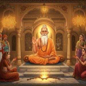 A serene elderly Indian saint with flowing white beard and simple white dhoti, Dadu Dayal, sits cross-legged on an ornate Rajasthani marble platform, radiating golden spiritual light. He's surrounded by people from different castes in traditional 16th century Rajasthani attire - merchants in angarkhas, farmers in dhotis, and women in vibrant lehengas. The background features intricate Rajasthani architecture with detailed jharokhas and carved pillars in warm sandstone colors. Floating mandalas and sacred geometric patterns in gold and saffron hover in the air. The scene includes symbolic elements - a breaking chain representing freedom from social bondage, a glowing lotus representing spiritual awakening, and intertwined hands of different skin tones showing unity. The lighting is ethereal with soft golden rays filtering through ornate latticed windows. The art style combines traditional Rajasthani miniature painting techniques with modern digital aesthetics, featuring rich colors like deep maroon, royal blue, and burnished gold. Intricate Madhubani-style patterns decorate the borders of the scene, while the overall composition maintains a dreamy, spiritual quality with subtle floating light particles.
