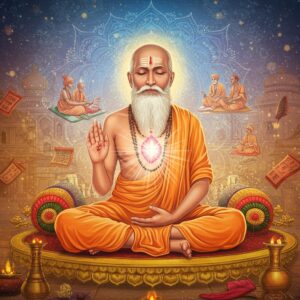 A serene elderly Indian saint with flowing white beard and simple white dhoti, seated in padmasana on a mystical golden lotus platform, radiating divine light. His eyes closed in deep meditation, hands forming chin mudra. Behind him, a large ethereal mandala in soft blues and golds pulsates with spiritual energy. Multiple transparent layers show scenes from his life - teaching disciples, writing poems, helping the poor. The background features a harmonious blend of Hindu and Islamic architectural elements, representing his inclusive philosophy. Floating sacred threads and Sanskrit manuscripts surround him. The art style combines traditional Rajasthani miniature painting techniques with modern digital aesthetics, using a color palette of deep saffron, celestial blues, and luminous gold. Rays of divine light emerge from his heart chakra, symbolizing nirguna (formless) devotion. Small glowing orbs of white light float around him like celestial fireflies. The overall composition creates a dreamlike, spiritual atmosphere with soft gradient lighting and subtle sacred geometry patterns.