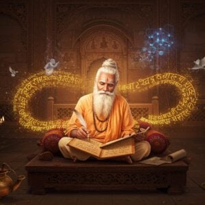 A serene elderly Indian saint with flowing white beard and hair, wearing simple white cotton dhoti and angavastram, seated in padmasana on a carved wooden platform. He's illuminated by warm golden light, writing with a feather quill on ancient scrolls spread before him. Surrounding him are ethereal manifestations of his poetry - delicate Sanskrit verses floating in golden light, transforming into visual metaphors of divine love and unity. The background features a Rajasthani architectural setting with intricate Madhubani-style patterns on stone walls. Mystical geometric mandalas hover in the air, emanating soft blue and saffron light. Traditional oil lamps cast dancing shadows, while translucent doves, symbolizing peace and divine wisdom, flutter nearby. The scene includes subtle elements of Bhakti movement symbolism - a water pot, prayer beads, and symbolic lotus flowers blooming from sacred texts. The art style combines photorealistic details with surreal, spiritual elements, enhanced by a warm color palette of deep maroons, burnt orange, and cosmic blues, with highlights of metallic gold.