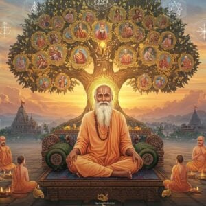 A serene elderly Indian saint with flowing white beard and hair, wearing simple white cotton robes, seated in padmasana on a carved stone platform, radiating golden spiritual light. Behind him rises a massive ethereal tree of life with branches made of swirling sacred Sanskrit texts and leaves of golden light. The trunk features intricate Rajasthani-style miniature paintings depicting scenes from Dadu Dayal's life. Floating crystalline geometric mandalas surround him, each containing modern holographic symbols representing universal brotherhood, equality, and compassion. The background shows a blend of ancient temple architecture transitioning into futuristic sustainable cities. Soft pastel clouds in shades of sunrise orange and pink float above. Multiple translucent layers of devotees from different faiths and walks of life, rendered in Madhubani art style, form a circular pattern around him. The overall scene is illuminated by a combination of traditional oil lamps and modern bioluminescent lighting, creating a mystical atmosphere that bridges ancient wisdom with future spirituality. Digital art style with photorealistic details and ethereal lighting effects.