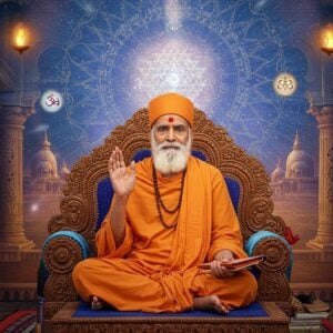A serene portrait of Swami Samarth seated in padmasana on a carved wooden throne, wearing traditional saffron robes with intricate gold patterns. His right hand is raised in blessing mudra while his left hand holds sacred texts. His face radiates divine wisdom with deep, penetrating eyes and a gentle smile beneath his flowing white beard. Behind him rises a large, ethereal mandala in shades of deep blue and gold, emanating soft rays of light. Floating sacred symbols and yantra patterns in metallic gold surround him. The background features a mystical Indian temple architecture with ornate pillars and domes merging into cosmic spaces. Soft glowing orbs of light and translucent lotus petals float in the air. The overall scene is rendered in a fusion of traditional Pattachitra art style with modern digital aesthetics, using a color palette of deep saffron, royal blue, burnished gold, and ethereal white. The lighting creates a divine aura, with subtle light rays filtering through the composition, suggesting spiritual enlightenment and divine wisdom.