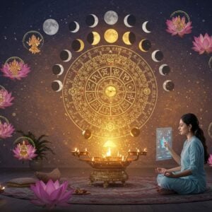 A serene, ethereal scene featuring a modern Indian home's meditation space where a traditional brass panchangam calendar elegantly floats in the center, emitting a soft golden glow. Around it, cosmic elements spiral - phases of the moon in silver, the nine planets represented by their traditional gemstones, and constellations in glowing sacred geometry patterns. A young Indian woman in contemporary clothing with a traditional touch (pastel blue kurta) sits in padmasana, consulting a holographic interface showing muhurtham timings. The background features a large, intricate mandala in Madhubani style with rich peacock blue and saffron hues, incorporating traditional zodiac symbols and Vedic elements. Floating lotus flowers, each containing different aspects of daily life (work, travel, ceremonies) in miniature form, surround the scene. The lighting is mystical with streams of light in warm gold and soft purple, creating an atmosphere of divine wisdom meeting modern technology. The art style combines hyperrealistic digital rendering with traditional Indian art patterns, emphasizing the bridge between ancient wisdom and contemporary living.