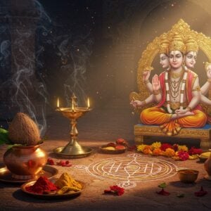 A serene Indian devotee performing morning rituals in a mystical temple courtyard, illuminated by golden sunrise rays. The central focus shows Lord Dattatreya in his Sri Pada Srivallabha form with three faces (Brahma, Vishnu, Shiva), four hands holding kamandalu, damaru, japa mala, and abhaya mudra, seated in padmasana on a golden throne. The background features intricate Madhubani-style mandalas in deep saffron and peacock blue. Sacred items arranged in traditional order: copper kalasha with coconut and mango leaves, brass lamp with five wicks, kumkum, turmeric, and fresh flowers forming a yantra pattern. Ethereal smoke from burning camphor creates mystical swirls, with soft glowing orbs of divine light floating around. The scene combines photorealistic details with surreal elements, incorporating both traditional Pattachitra patterns and modern digital art techniques. The color palette includes deep maroons, cosmic blues, metallic golds, and subtle pastels, creating a harmonious blend of ancient and contemporary spiritual aesthetics.