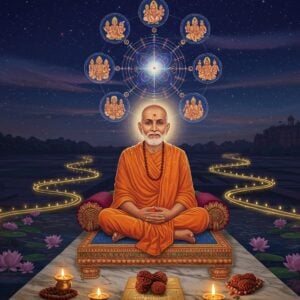 A serene nighttime scene showing Swami Ramdas seated in padmasana on an ornate marble platform, wearing saffron robes with intricate Madhubani-style patterns. His face radiates divine wisdom with a gentle smile, surrounded by a soft golden aura. Above him floats a large, ethereal cosmic mandala containing nine interconnected smaller mandalas, each depicting different aspects of spiritual knowledge in Pattachitra style. The background features a mystical Deccan plateau landscape with the Sajjangad fort silhouetted against a deep indigo sky filled with glowing stars. In the foreground, lotus flowers float on still water reflecting the starlight. Swirling ethereal light patterns in gold and peaceful blue tones create paths of wisdom emanating from the saint. The scene is illuminated by multiple old brass oil lamps creating warm, ambient lighting. The art style combines traditional Indian miniature painting techniques with modern digital art aesthetics, emphasizing deep maroons, celestial blues, and metallic gold accents. Several symbolic elements like peacock feathers, rudraksha beads, and sacred texts are scattered around, rendered in a detailed but subtle manner.