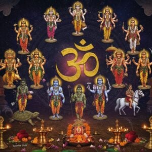 A majestic display of all ten Dashavatar forms arranged in a circular mandala pattern against a deep cosmic background. In the center, a large ornate golden Om symbol radiates divine light. Each avatar is intricately detailed: Matsya as a golden fish with divine crown, Kurma as the cosmic turtle supporting Mount Mandara, Varaha as the mighty boar with Bhudevi, Narasimha with lion face and four arms, Vamana with umbrella and kamandalu, Parashurama wielding silver axe, Ram with bow and arrow, Krishna with flute and peacock feather crown, Buddha in meditation pose, and Kalki on white horse with raised sword. Each figure glows with their signature aura colors. Traditional brass and copper puja items like decorated diyas, incense holders, and bells are artistically arranged in the foreground. The scene is enhanced with floating lotus flowers, swirling celestial patterns, and subtle Madhubani art elements in the background. Traditional temple architecture frames the composition with ornate pillars and arches. The lighting is divine and ethereal with golden rays emanating from each avatar.