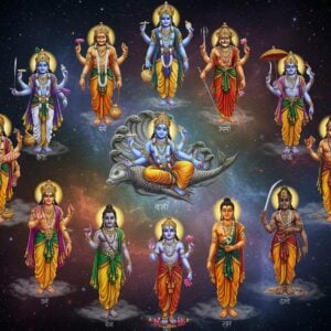 A majestic cosmic scene depicting ten divine forms arranged in a circular mandala pattern against a deep celestial background with swirling galaxies and golden Sanskrit symbols. At the center, Lord Vishnu in his original form reclines on Shesha Naga, radiating bright blue light. Around him, clockwise from top: Matsya as a golden fish with crown and divine weapons, Kurma as half-tortoise-half-human form, Varaha as a mighty boar with Earth goddess, Narasimha emerging ferociously with lion face and human body, Vamana as a diminutive sage with umbrella, Parashurama wielding silver axe, Lord Rama with bow and arrow in royal pose, Krishna playing flute with peacock feather crown, Buddha in meditation pose with serene expression, and Kalki on white horse with raised sword. Each avatar emanates their signature colors - blue, gold, green, and saffron. The scene features intricate Madhubani-style patterns, floating lotus flowers, and shimmering light rays connecting all forms. The artwork style merges traditional Indian iconography with modern digital art techniques, using rich jewel tones and metallic highlights. Ethereal mist and divine particles float throughout the composition, creating depth and mystical atmosphere.