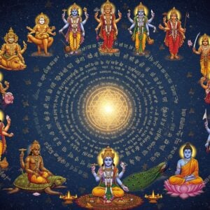 A magnificent divine composition showing all ten avatars of Lord Vishnu arranged in a spiral, ascending pattern around a central, glowing Sri Yantra. Each avatar is detailed and distinct - Matsya as a golden fish with divine glow, Kurma as a cosmic turtle supporting Mount Mandara, Varaha as a majestic boar lifting Bhudevi, Narasimha emerging from a pillar with lion face and human body, Vamana transforming into Trivikrama, Parashurama wielding his divine axe, Lord Rama with his bow and arrow in royal posture, Krishna playing his flute surrounded by peacock feathers, Buddha in deep meditation on a lotus, and Kalki on a white horse with raised sword. Each avatar emanates a distinct aura color, merging into a cosmic mandala. The background features intricate Madhubani-style patterns in gold and deep blue, with floating Sanskrit verses appearing as ethereal light streams. The scene is illuminated by divine light rays and floating lotus petals, creating a surreal, spiritual atmosphere. The art style combines traditional Indian iconography with modern digital art techniques, using a rich color palette of deep indigo, celestial gold, saffron, and crimson.