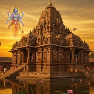 A majestic ancient stone temple with intricate Gupta-era architecture rising against a mystical golden sunset sky, featuring detailed carved panels of Vishnu's ten avatars in chronological order. The temple's spire is adorned with ornate geometric patterns and flowing vines in traditional Nagara style. In the foreground, a serene water body reflects the temple's image, surrounded by blooming lotus flowers. Lord Vishnu appears as a semi-transparent, ethereal figure floating above the temple, four-armed, holding his iconic symbols - Shankha (conch), Chakra (disc), Gada (mace), and Padma (lotus). The scene is enhanced with soft glowing orbs of light, creating a magical atmosphere. The color palette includes deep sandstone browns, royal blues, rich golds, and touches of sacred saffron. Small details include flying celestial beings (apsaras) carved on the temple walls, ancient Sanskrit inscriptions, and devotees performing evening aarti with golden lamps. The art style combines hyperrealistic architectural details with ethereal, spiritual elements in the Pattachitra tradition.