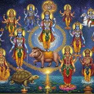 A majestic panoramic scene depicting all ten avatars of Lord Vishnu arranged in a ascending spiral composition against a cosmic background with swirling galaxies in deep blues and golds. At the bottom, Matsya Avatar as a divine golden fish emerges from ethereal waters, followed by Kurma as a cosmic turtle supporting a mountain. Varaha Avatar, a magnificent boar with golden tusks, rises next, holding Mother Earth (depicted as a serene Indian woman in green). Narasimha Avatar shows a half-lion half-man form with a golden mane in a protective stance. Lord Vamana is shown as a divine dwarf with an umbrella taking a giant step. Parashurama appears with his signature axe in a warrior pose. Lord Rama stands regally with his bow and arrow, wearing a crown. Lord Krishna appears with his flute, radiating divine blue light. Lord Buddha sits in peaceful meditation on a lotus. At the top, Kalki Avatar on a white horse with a drawn sword emerges from cosmic light. Each avatar is detailed with traditional Indian art elements, adorned with proper weapons and symbols, connected by flowing golden light streams. The scene features intricate Madhubani patterns in the borders, with small animated elements like peacock feathers, lotus flowers, and celestial symbols floating throughout. The color palette combines deep cosmic blues, celestial golds, and vibrant jewel tones, with each avatar emanating a distinct divine aura.