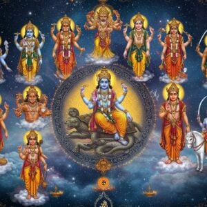 A grand, ethereal composition showing all ten avatars of Vishnu arranged in a circular mandala pattern against a cosmic background with swirling galaxies in deep blues and golds. At the center, Lord Vishnu reclines on Sheshnag with four hands holding shankha, chakra, gada, and lotus. Clockwise from top: Matsya as a golden fish with human torso, Kurma as half-turtle supporting Mount Mandara, Varaha as the cosmic boar lifting Bhudevi, Narasimha emerging from a pillar with lion face and four hands, Vamana transforming into Trivikrama, Parashurama with axe and matted hair, Ram with bow and arrow in royal posture, Krishna in peacock-blue playing flute, Buddha in meditation pose with serene expression, and Kalki on white horse with raised sword. Each avatar emanates divine light in different hues - coral, saffron, emerald, and azure. Intricate Madhubani-style patterns fill the borders while modern digital lighting creates an otherworldly glow. The scene is framed by stylized lotus flowers and vedic symbols in gold filigree. Soft clouds and celestial light rays add depth and mysticism.