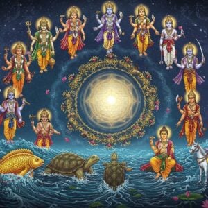 A grand cosmic scene showing all ten avatars of Vishnu arranged in a spiral formation around a central, luminous Sri Yantra. Matsya, the golden fish avatar, emerges from swirling cosmic waters at the bottom. Kurma, the divine turtle, supports a gleaming Mount Mandara. Varaha, the mighty boar avatar with four arms holding Vedas, lifting Bhudevi from cosmic waters. Narasimha, half-lion half-man with a majestic mane, displaying fierce protection. Vamana, the divine dwarf growing into Trivikrama. Parashurama with his divine axe and saffron robes. Lord Rama in royal blue attire with bow and arrow. Krishna in peacock-hued clothing playing the flute. Buddha in meditation pose with serene expression. Kalki on a white horse with raised sword. Each avatar emanates distinct aura colors, connected by flowing streams of divine light. The background features intricate Madhubani-style patterns in gold and deep blues. Floating lotus flowers, celestial clouds, and subtle mandalas surround each avatar. The scene is illuminated by divine light from above, creating a mystical atmosphere. Style combines traditional Indian art with modern digital fantasy art, featuring rich colors and ethereal lighting.