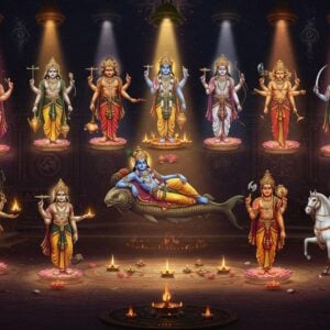 A grand celestial stage with ten ethereal spotlights illuminating Lord Vishnu's avatars arranged in a circular mandala pattern. At the center, a serene Vishnu in royal blue reclines on Shesha Naga, emanating golden light. Around him, clockwise: Matsya as an iridescent golden fish with divine glow, Kurma as a majestic half-tortoise half-human form, Varaha with divine boar features holding Bhudevi, fierce Narasimha with lion face and four arms, Vamana transforming into the cosmic Trivikrama, Parashurama wielding his axe with matted hair, royal Rama with bow and arrow in warrior pose, Krishna in dynamic dance pose with peacock feather crown, Buddha in peaceful meditation pose, and Kalki on a white horse with raised sword. Each avatar detailed in traditional Indian art style with modern digital aesthetics, rich with intricate patterns, floating lotus flowers, and swirling cosmic energy. Background features ornate Madhubani-style patterns in deep maroon, gold, and peacock blue. Soft ethereal lights and mystical aura surround each figure, with floating yantra patterns and subtle sacred symbols. The scene should have a dramatic theatrical quality with dynamic lighting and a sense of divine cosmic performance.
