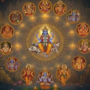 A grand, ornate circular composition showing all ten avatars of Vishnu arranged in a clockwise spiral, each depicted in distinct regional Indian art styles. Matsya in Bengal's Patachitra style with swirling waters, Kurma in Kerala's Mural art with gold detailing, Varaha in Rajasthani Miniature style with rich reds, Narasimha in fierce Kalighat style, Vamana in Tanjore's golden brilliance, Parashurama in Madhubani style with intricate patterns, Rama in Mysore's traditional style, Krishna in Pichwai style with peacock feathers, Buddha in Ajanta-inspired serenity, and Kalki in modern digital fusion style. The center features a luminous Vishnu on Shesha, surrounded by a glowing mandala. Each avatar is connected by flowing ribbons of light in pastel blues and golds. The background transitions through different regional temple architectures - from Odisha's Konark to Tamil Nadu's Meenakshi temple. Ethereal lotus flowers float throughout, while sacred symbols from different regions form subtle patterns in the background. The lighting is divine with soft golden rays emanating from the center, creating a supernatural atmosphere. The art style combines traditional Indian elements with contemporary digital aesthetics, maintaining cultural accuracy while appearing modern and sophisticated.