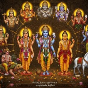 A majestic panoramic composition showing all ten avatars of Lord Vishnu arranged in a circular mandala pattern, rendered in vibrant Telugu Kalamkari art style with modern digital aesthetics. Matsya as a golden fish with divine glow, Kurma as a cosmic turtle supporting Mount Mandara, Varaha as a magnificent boar lifting Bhudevi, Narasimha emerging from a pillar with intricate jewelry, Vamana transforming into Trivikrama, Parashurama wielding his axe with fierce expression, Lord Rama in royal blue holding his bow with Hanuman beside him, Krishna in peacock-hued attire playing flute, Buddha in meditation pose with serene expression, and Kalki on a white horse with raised sword. Each avatar surrounded by their signature elements and weapons, connected by flowing golden threads of divine energy. The background features traditional Telugu temple architecture motifs, with ornate gopurams and detailed carvings. Soft glowing auras in saffron and gold encompass each avatar. The scene includes symbolic elements like lotus flowers, conch shells, and chakras. The color palette combines deep traditional colors (maroon, royal blue, forest green) with modern metallic accents and ethereal light effects. The style merges hyperrealistic details with subtle surreal elements, creating a cosmic, transcendent atmosphere.