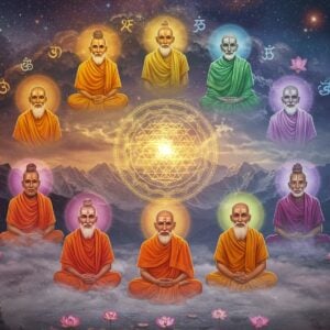 A mystical scene featuring ten ancient Indian sages in saffron robes arranged in a perfect circle against a cosmic backdrop. Each sage radiates a distinct ethereal aura of different colors (deep orange, crimson, golden, peaceful blue, forest green, pure white, deep purple, celestial silver, earthy brown, and spiritual pink). The center features a large, intricate Sri Yantra mandala floating and emanating golden light. The sages have traditional marks of renunciation - sacred ash on foreheads, rudraksha malas, and meditation mudras. Their faces reflect deep spiritual wisdom and peace. The background shows the Himalayas with sacred rivers flowing, merged with surreal, swirling patterns inspired by Madhubani art. Floating lotus flowers, sacred Sanskrit symbols, and glowing trishuls appear around them. The lighting is dramatic with divine rays breaking through clouds, creating a sense of transcendental energy. The art style combines hyperrealistic digital rendering with traditional Indian artistic elements, emphasizing both the ancient wisdom and contemporary relevance. Soft ethereal mist surrounds the scene, suggesting spiritual transformation.
